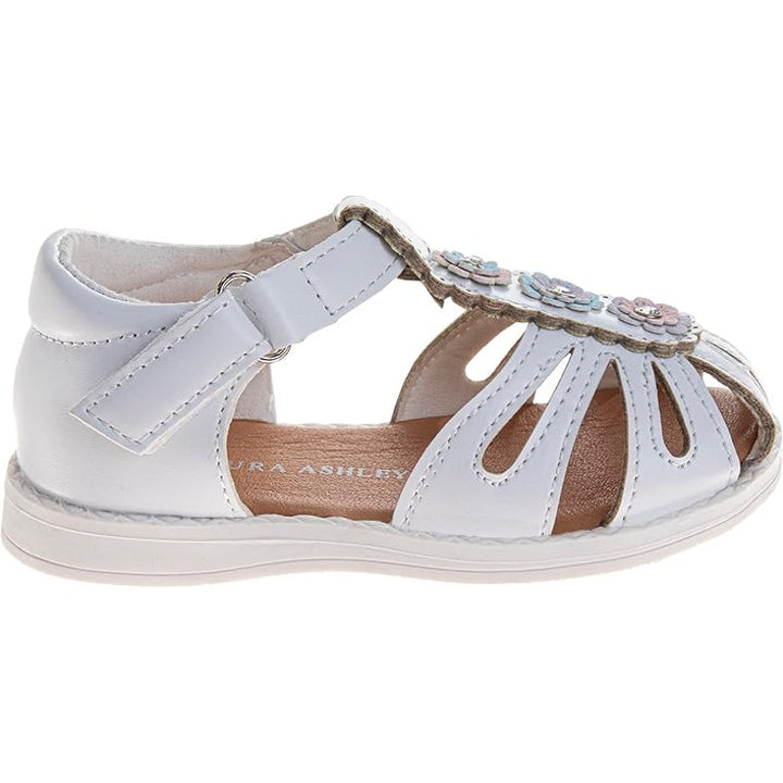 Laura Ashley Toddler Girls Size 7 White Sparkle Flower Hook Loop Flat Sandals