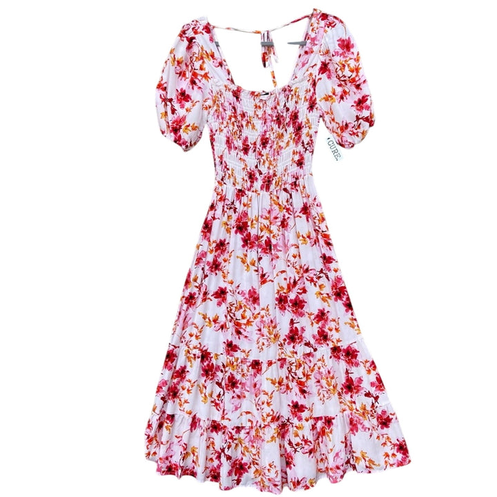 NWT New Cure Womens Medium Smocked Red Pink Floral Fit Flare Rayon Maxi Dress