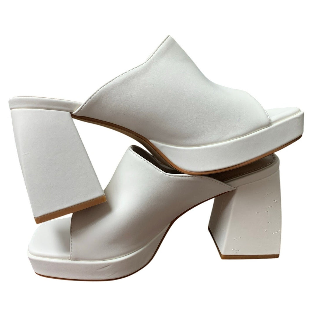 Womens Size 9 White Faux Leather 4" Platform Block Heel Open Toe Slide On Shoes