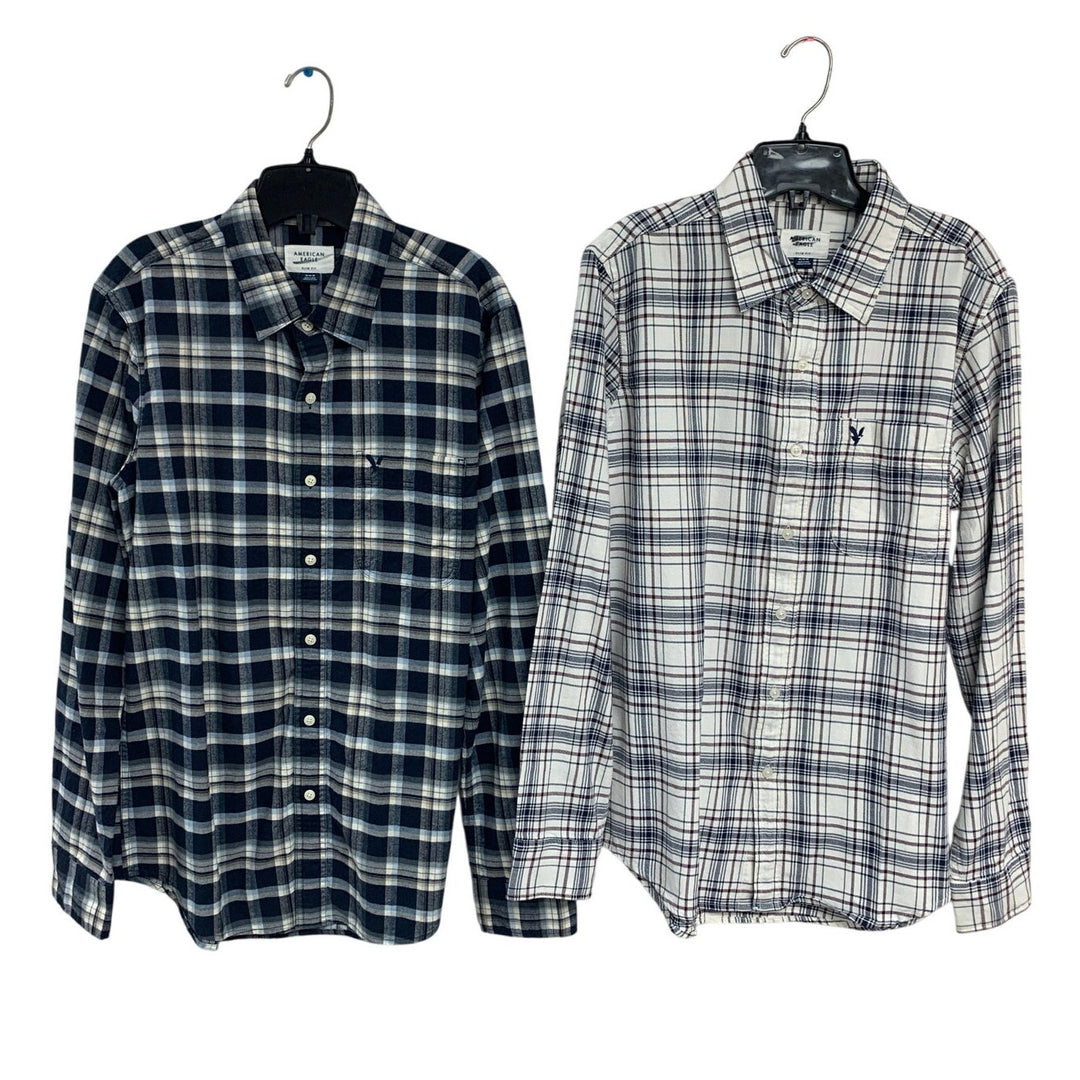 2 New American Eagle Mens Medium Plaid Slim Fit Long Sleeve Button Up Shirts
