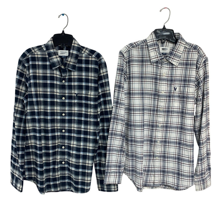 2 New American Eagle Mens Medium Plaid Slim Fit Long Sleeve Button Up Shirts