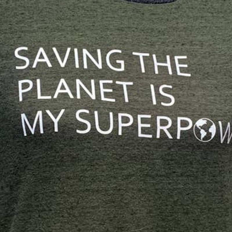 Hand Printed Upcycled Womens Small Saving the Planet Superpower Cotton Blend Tee