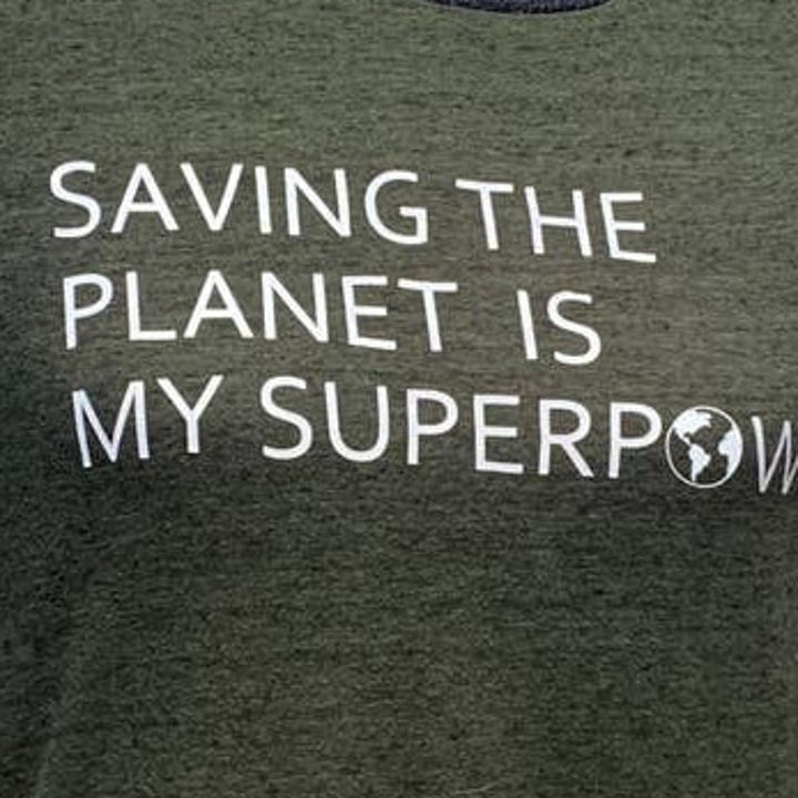 Hand Printed Upcycled Womens Small Saving the Planet Superpower Cotton Blend Tee