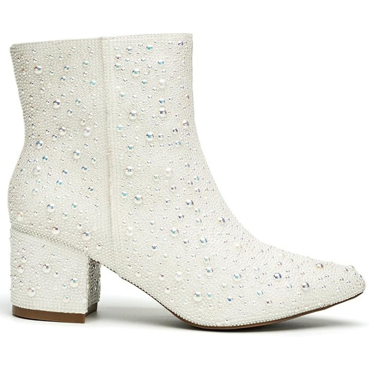New Yayone Womens 9.5 White Sparkle Pearl Size Zip 2.5"Block Heel Ankle Boots
