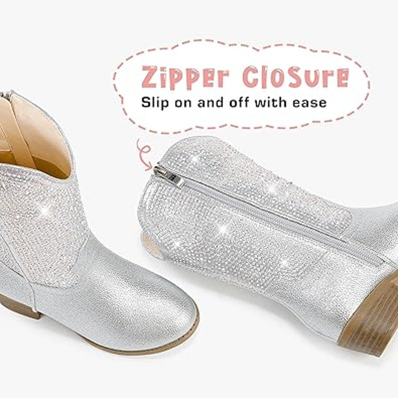 Motasha Big Girls Size 4 Rainbow Silver Rhinestone Sparkle Pull On Cowboy Boots