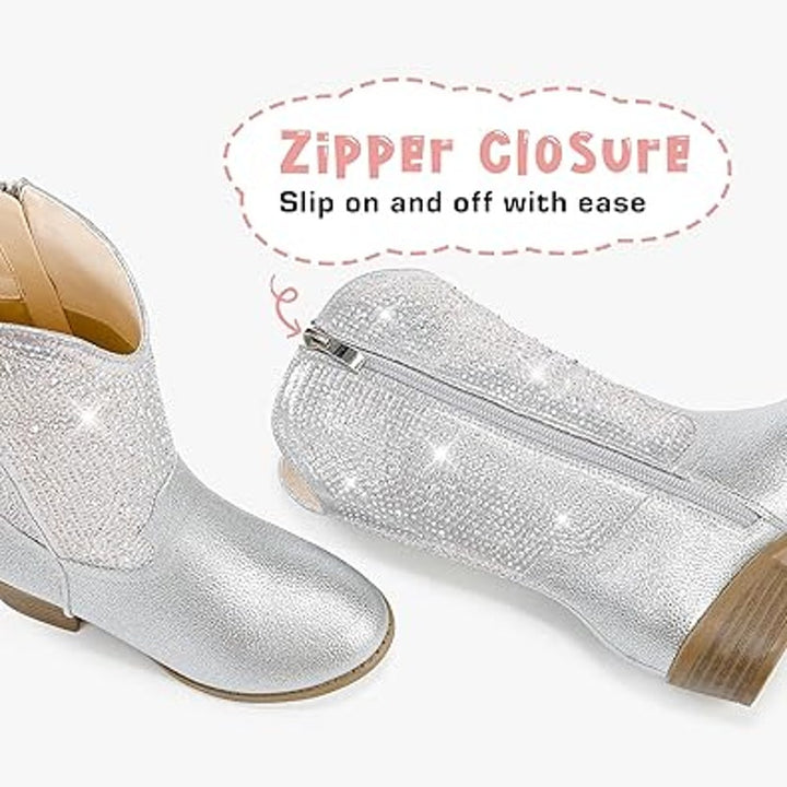 Motasha Big Girls Size 4 Rainbow Silver Rhinestone Sparkle Pull On Cowboy Boots