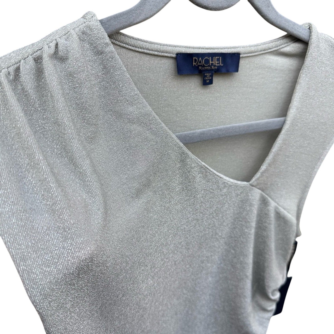 NWT New Rachel Roy Womens Medium Silver Shimmer Ruched Asymmetrical Neck Blouse