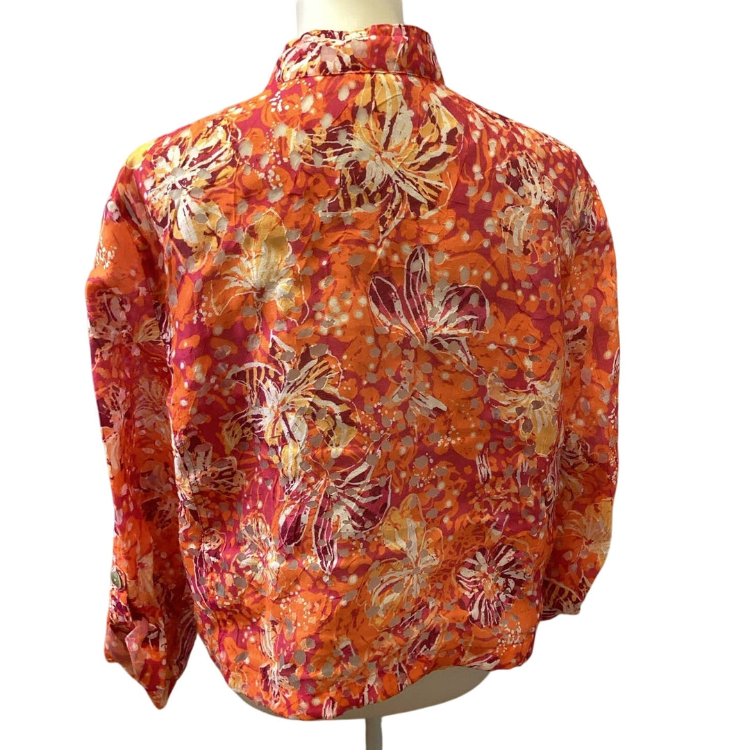 Ruby Rd Womens Plus Size 14 Linen Blend Floral Partially Sheer Button Blouse