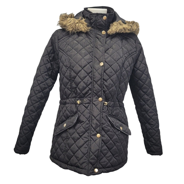 Jason Maxwell Womens Medium Black Quilted Faux Fur Hood Hooded Snap Up Coat