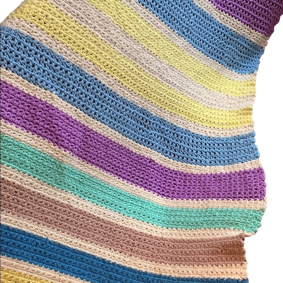 Handmade Pastel Stripe Yellow Purple Blue Crocheted Afghan Throw Blanket