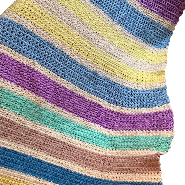 Handmade Pastel Stripe Yellow Purple Blue Crocheted Afghan Throw Blanket
