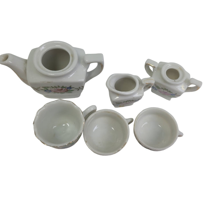Vintage Mini Doll Floral Ceramic Tea Teapot Plate Cup Pitcher Set Made in Japan
