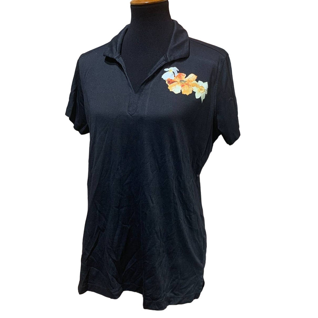 Upcycled Hand Printed Large Flower Daffodil Short Sleeve Collared Polo Shirt