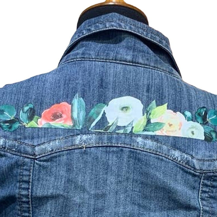 Hand Printed Upcycled Womens Small Flower Denim Button Up Cropped Jean Jacket