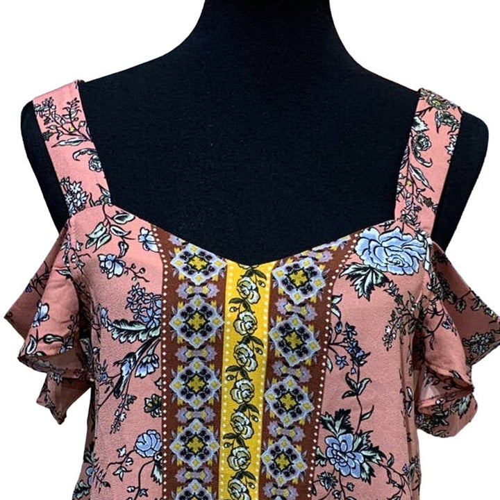 Aine Be Womens Medium Ruffled Cold Shoulder Floral Boho Polyester Blouse Top