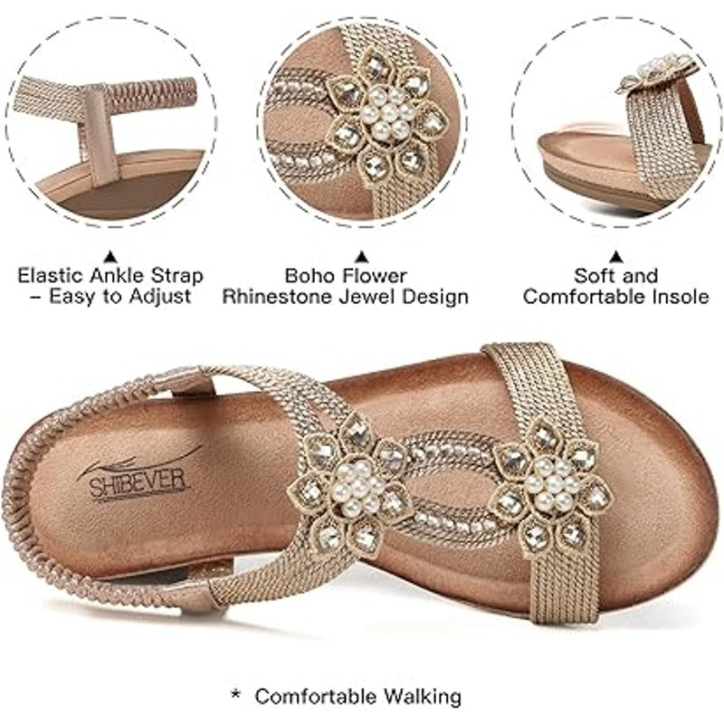 New Shibever Womens Size 6.5 Silver Rhinestone Open Toe Elastic Strap Sandals