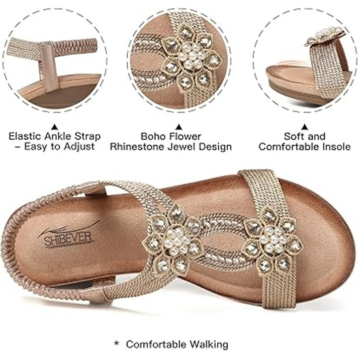New Shibever Womens Size 6.5 Silver Rhinestone Open Toe Elastic Strap Sandals