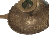 Vintage Pair Tarnished Patina Brass Taper Candle Holders Handles Wax Drip Tray