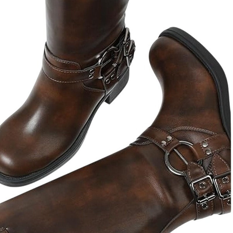 Aminugal Womens Size 7.5 Brown Faux Leather Knee High Square Toe Pull On Boots