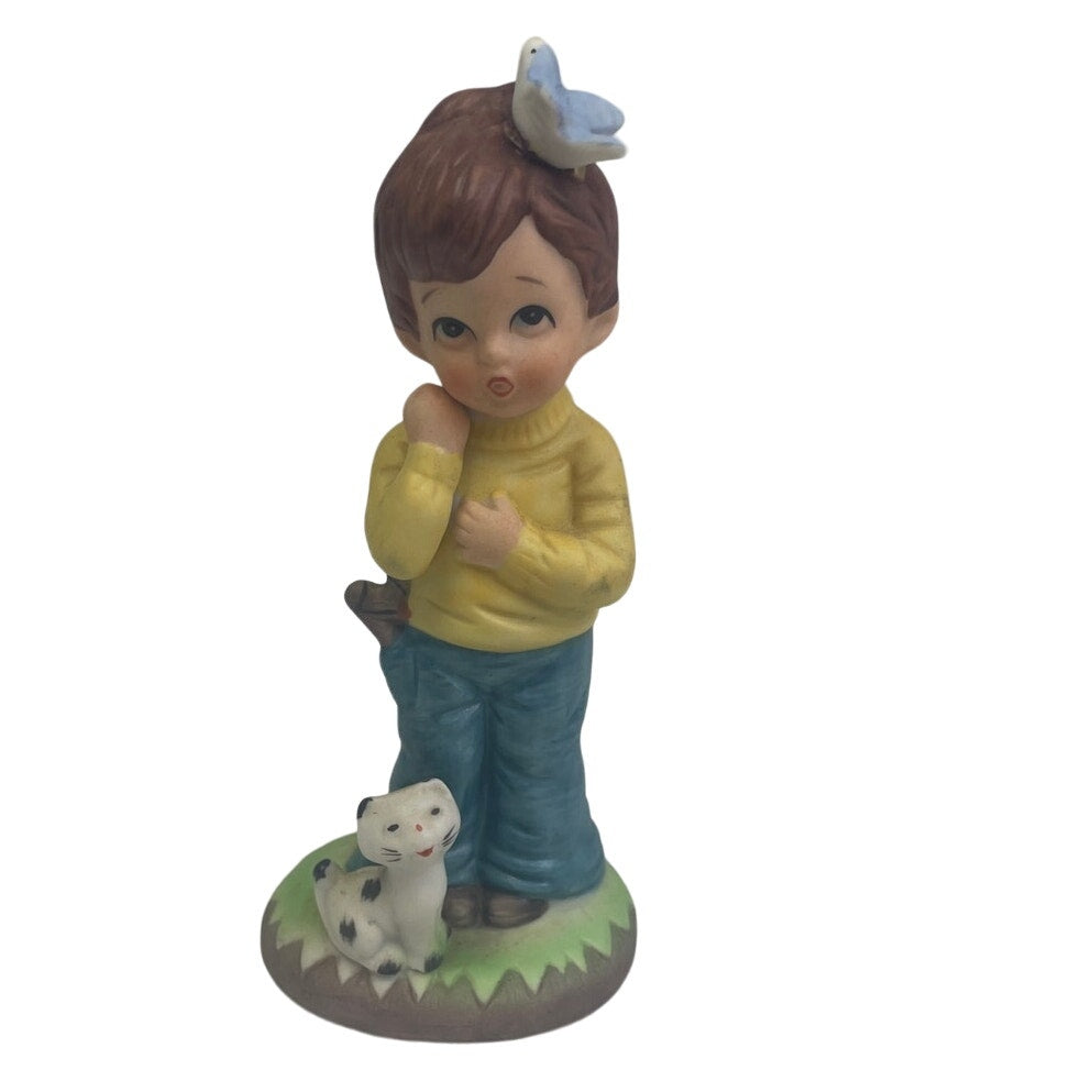 Vintage FBIA Boy Cat Butterfly Slingshot Collectible Ceramic Figurine