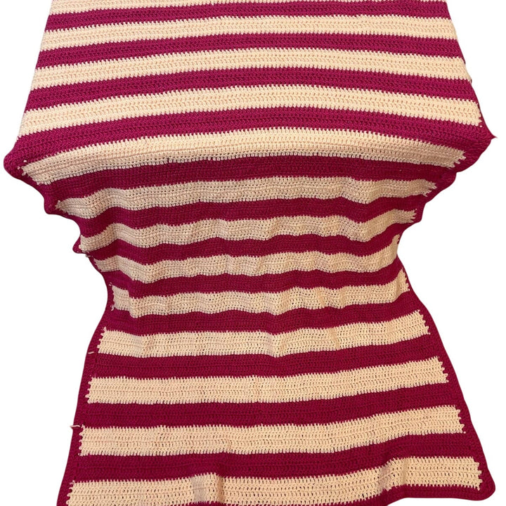 Handmade Vintage Crocheted Hot Pink Stripe Blanket Acrylic Yarn Afghan Throw