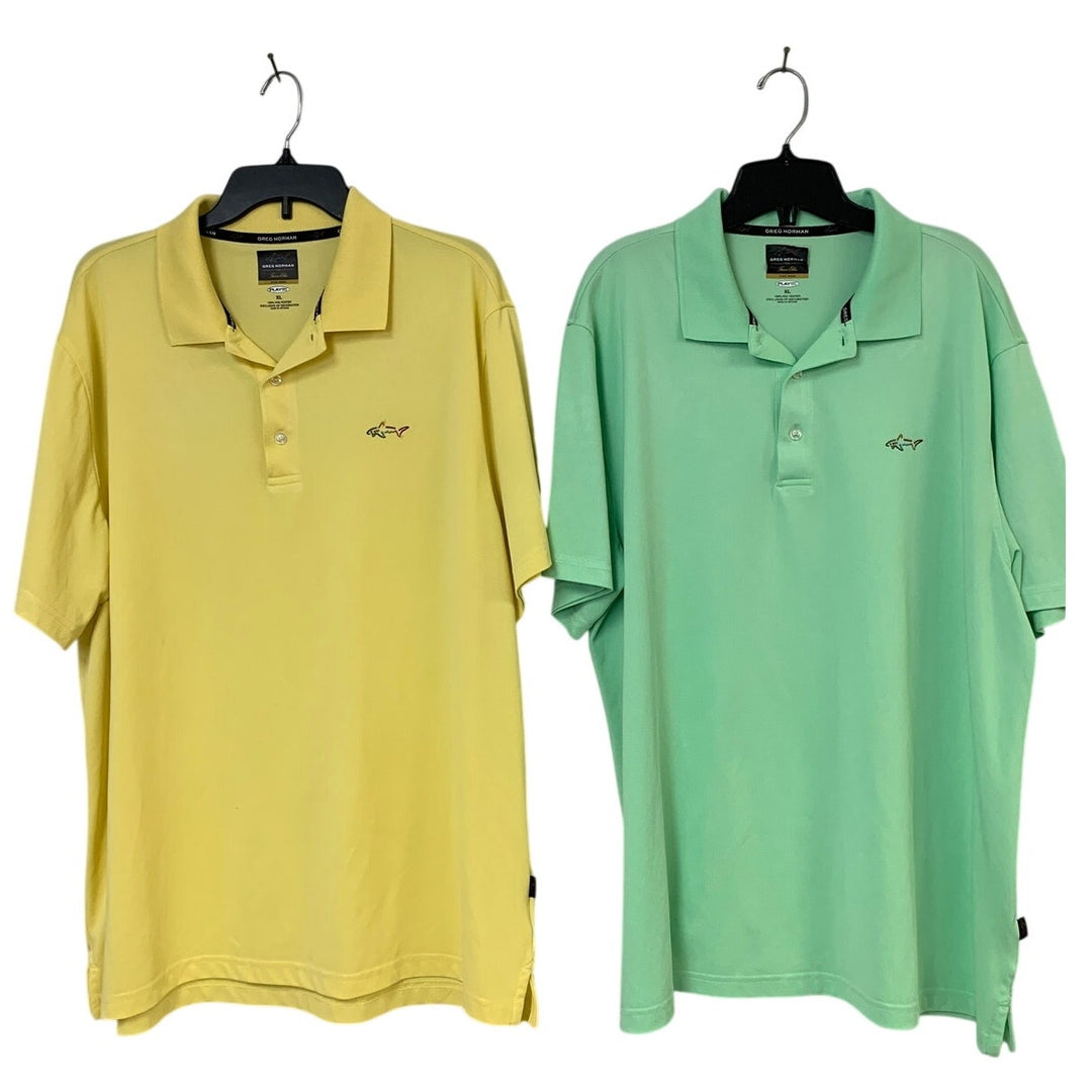 Lot of 2 Greg Norman Tasso Elba Mens XL Yellow Green Short Sleeve Polo Shirts
