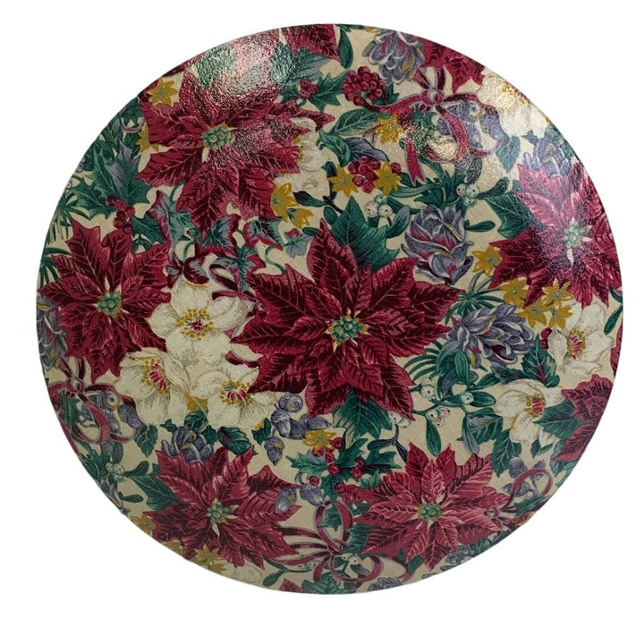 Handmade Christmas Pink Poinsettia Flowers Berries Decoupage Fabric Glass Plate