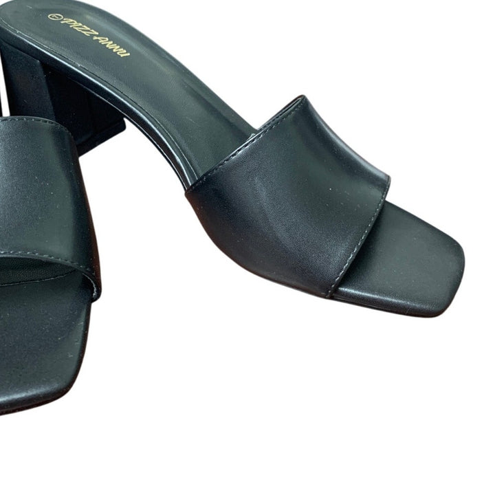New Pizz Annu Womens 7 Black Faux Leather Open Toe 2.5" Block Heel Shoes w Flaw
