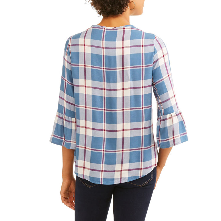 NWT New Como Blu Womens Medium Blue Plaid Half Bell Sleeve Rayon Front Tie Top