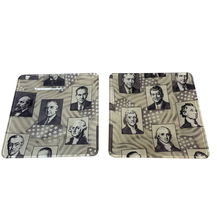 Pair of Handmade Decoupage US President Fabric Square Table Decor Glass Plates
