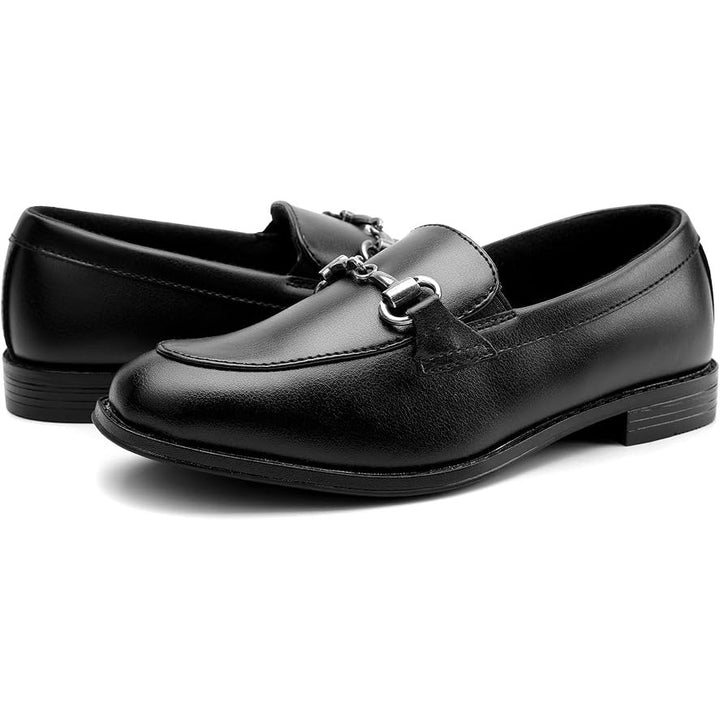 Boys Size 4 Black Faux Leather Slide On Silver Accent Dress Oxford Loafers Shoes
