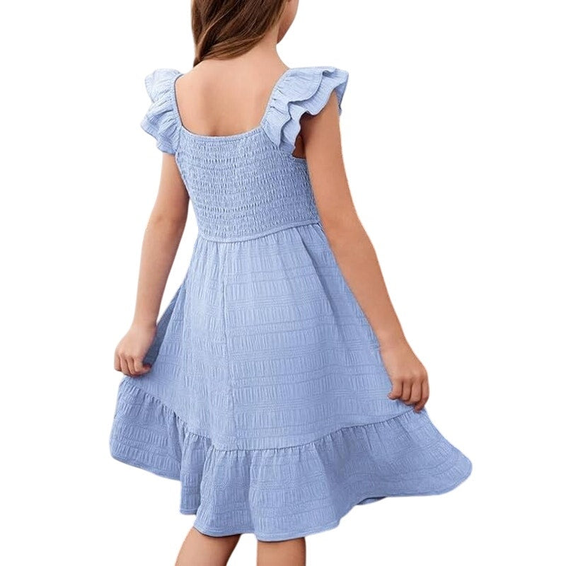 Dokotoo Girls Large Sky Blue Polyester Blend Sleeveless Smocked A Line Dress