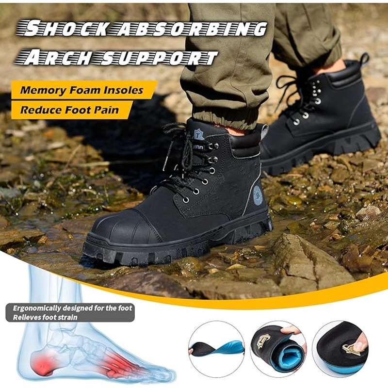 Kelodon Mens Size 9.5 Black Waterproof Steel Toe Memory Foam Non Slip Work Boots