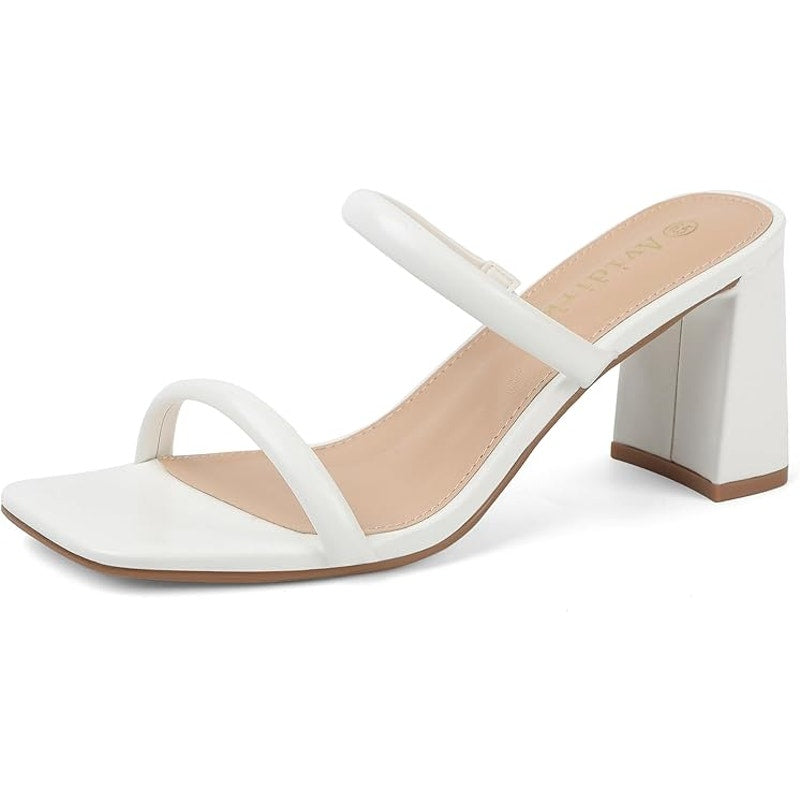 Avidirk Womens Size 7.5 White 2 Strap Slide On Open Toe 3" Chunky Heel Sandals