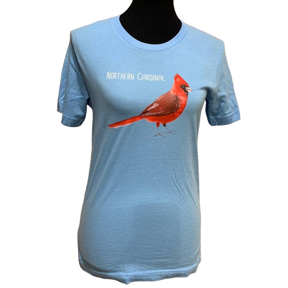 Wingspan Inspired Womens Small Red Cardinal Bird Hand Printed Upcycled Tee
