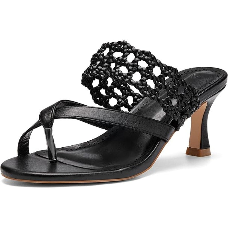 Coutgo Womens Size 8.5 Black Mesh Strap 3" Heel Open Toe Thong Sandal Shoes