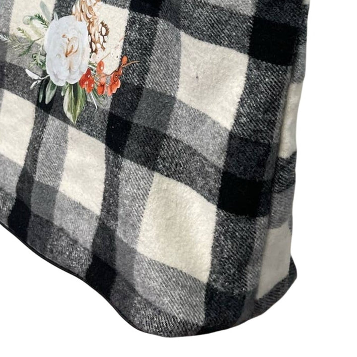 Hand Printed Upcycled Christmas Rose Floral Pine Cone Plaid Shoulder Tote Bag