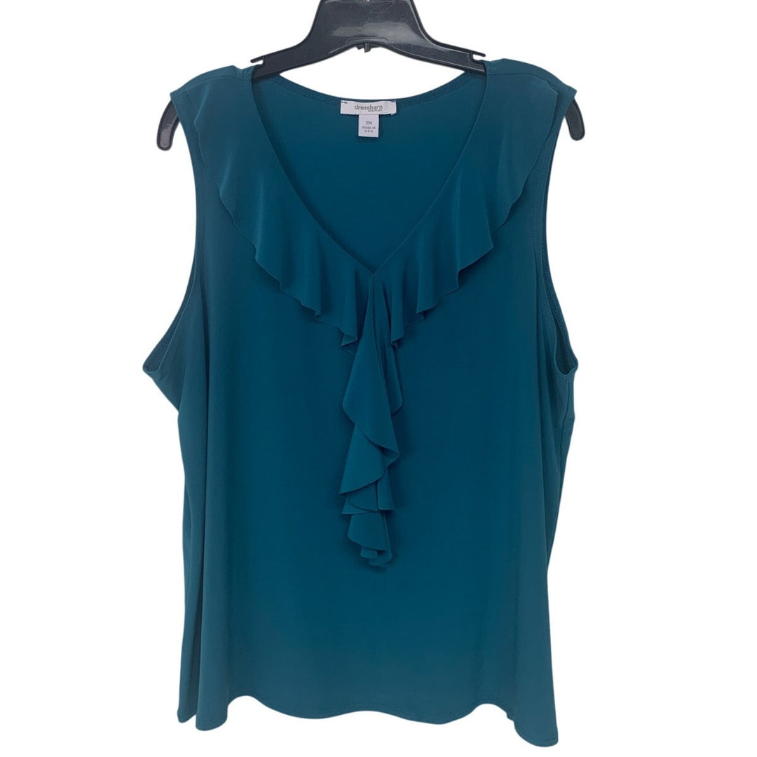 DressBarn Womens 2X Deep Teal PolySpandex Sleeveless V Neck Ruffled Blouse