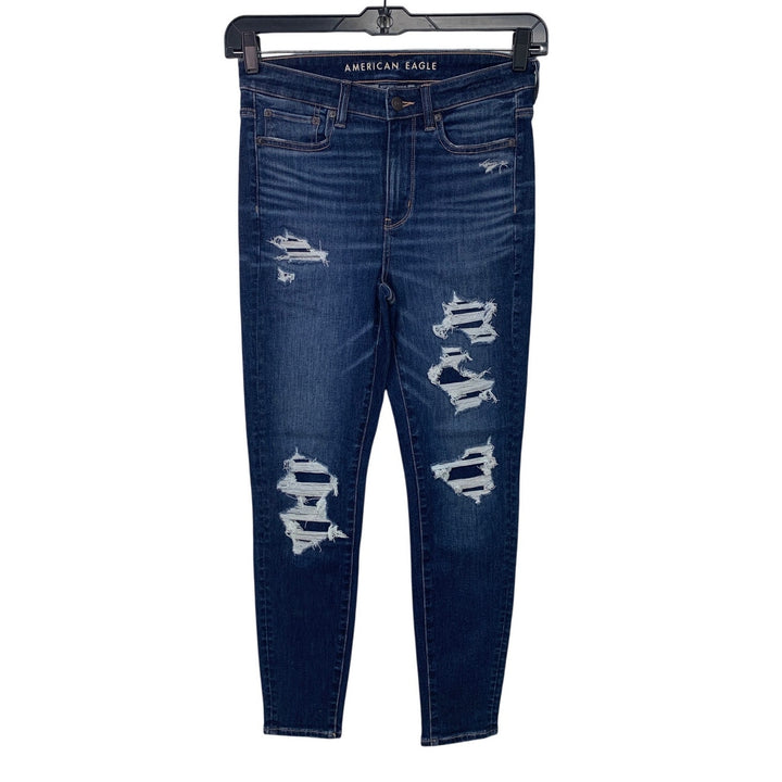 New American Eagle Womens Size 8 Distressed Ripped Denim Blue High Rise Jeggings