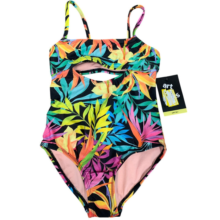 New Art Class Girls Small (6/6X) Keyhole Front Open Back Tropical 1PC Swimsuit