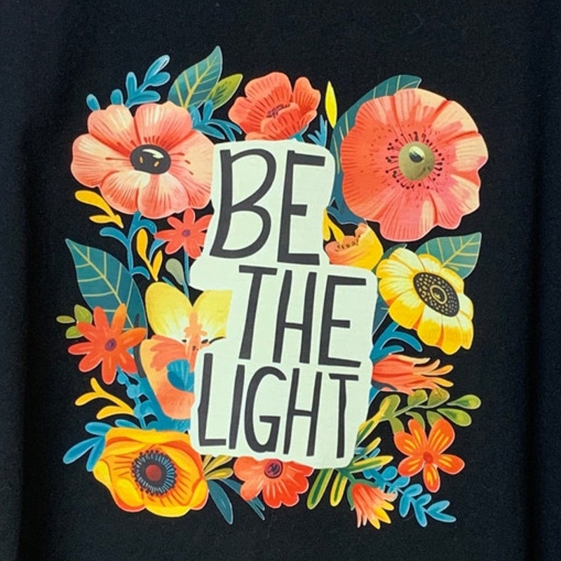 Upcycled Hand Printed Womens XXL Be The Light Floral Short Sleeve Tee Shirt