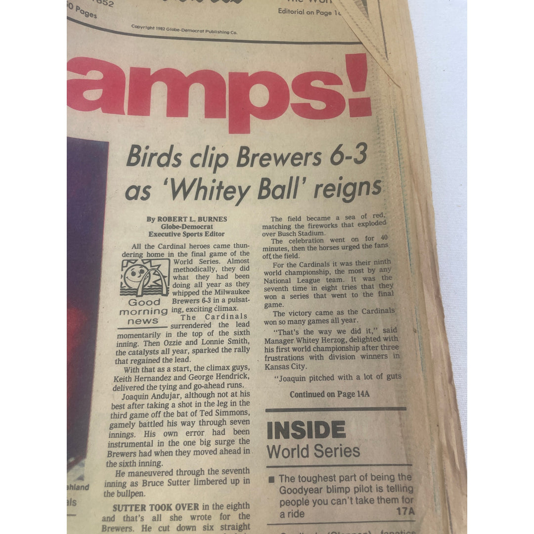 Vintage 1982 St Louis Baseball Cardinals World Champs Globe-Democrat Newspaper