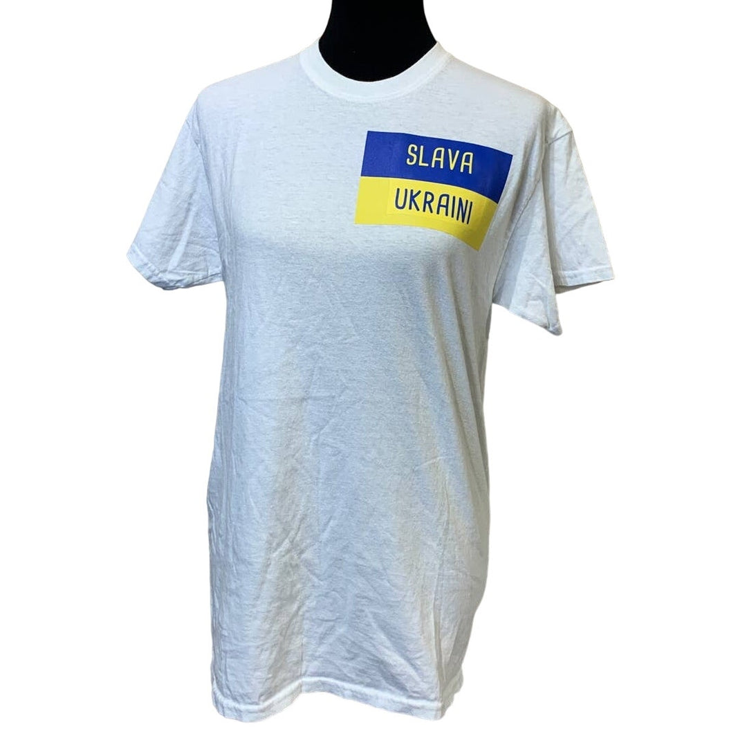 Upcycled Hand Printed Mens Medium Ukraine Flag Slava Ukraini Fundraiser Tee