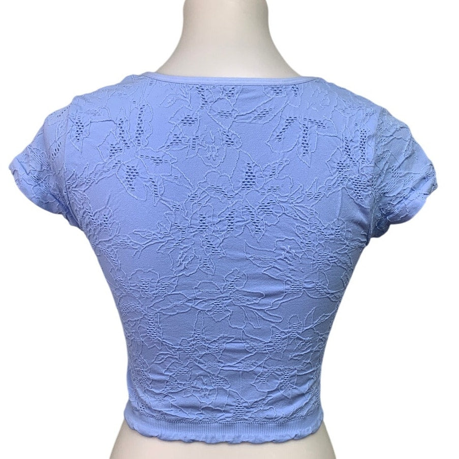 New Aerie Womens XS Short Sleeve Embroidered Floral Lace Scoop Neck Cropped Top