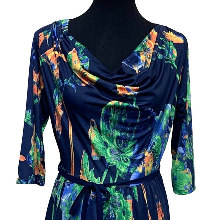 Gilli Large Tropical Floral Swoop Neck 3/4 Sleeve Midi Stretchy Body Con Dress