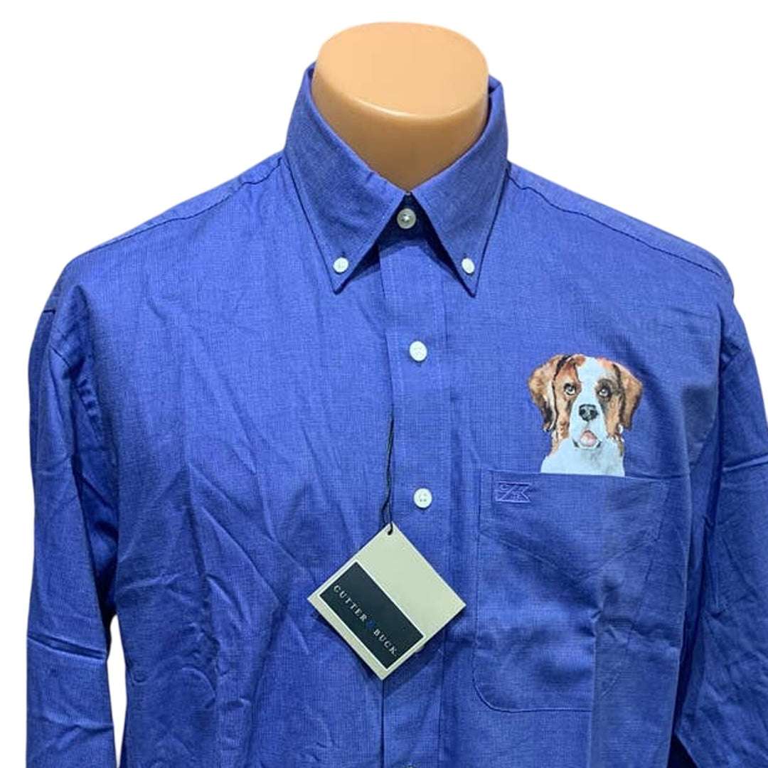 New Hand Printed Upcycled St Bernard Puppy Dog Mens Blue Button Down Shirt