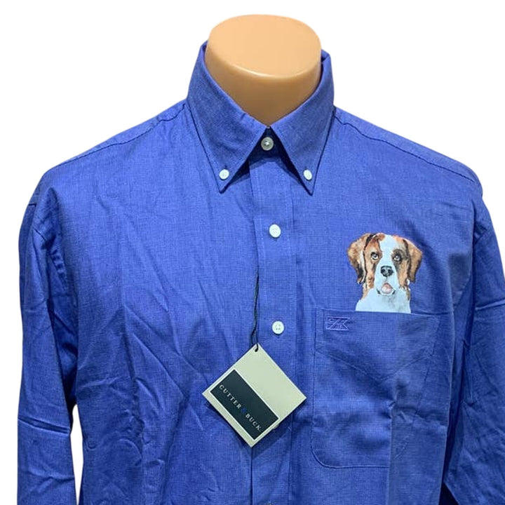 New Hand Printed Upcycled St Bernard Puppy Dog Mens Blue Button Down Shirt