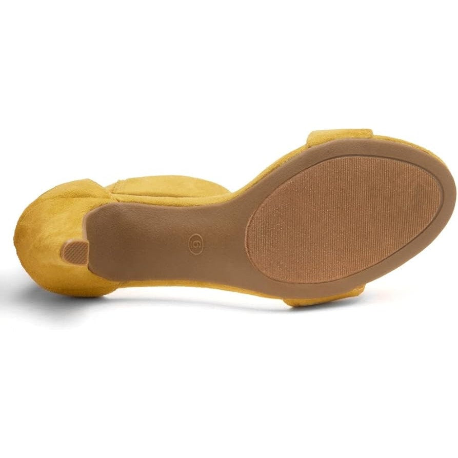 New Herstyle Women 7 Mustard Yellow Faux Suede 3.5" Heel Open Toe Sandals w Flaw