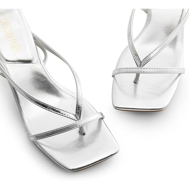 Dream Pairs Womens Size 7.5 Silver 3" Heel Open Square Toe Ankle Strap Shoes