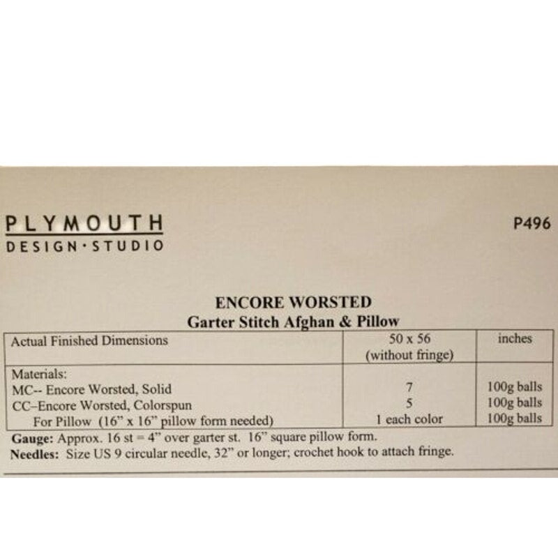 New 2005 Plymouth P496 Encore Worsted Garter Blanket Pillow Knitting Pattern